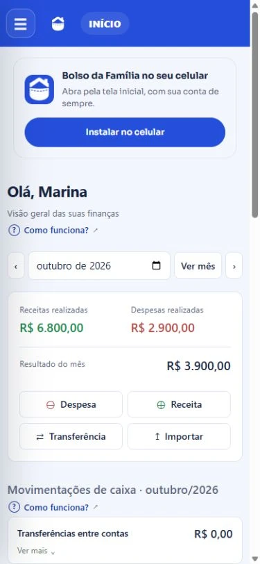 Interface do Bolso da Família adaptada ao celular, com resumo financeiro e dados fictícios